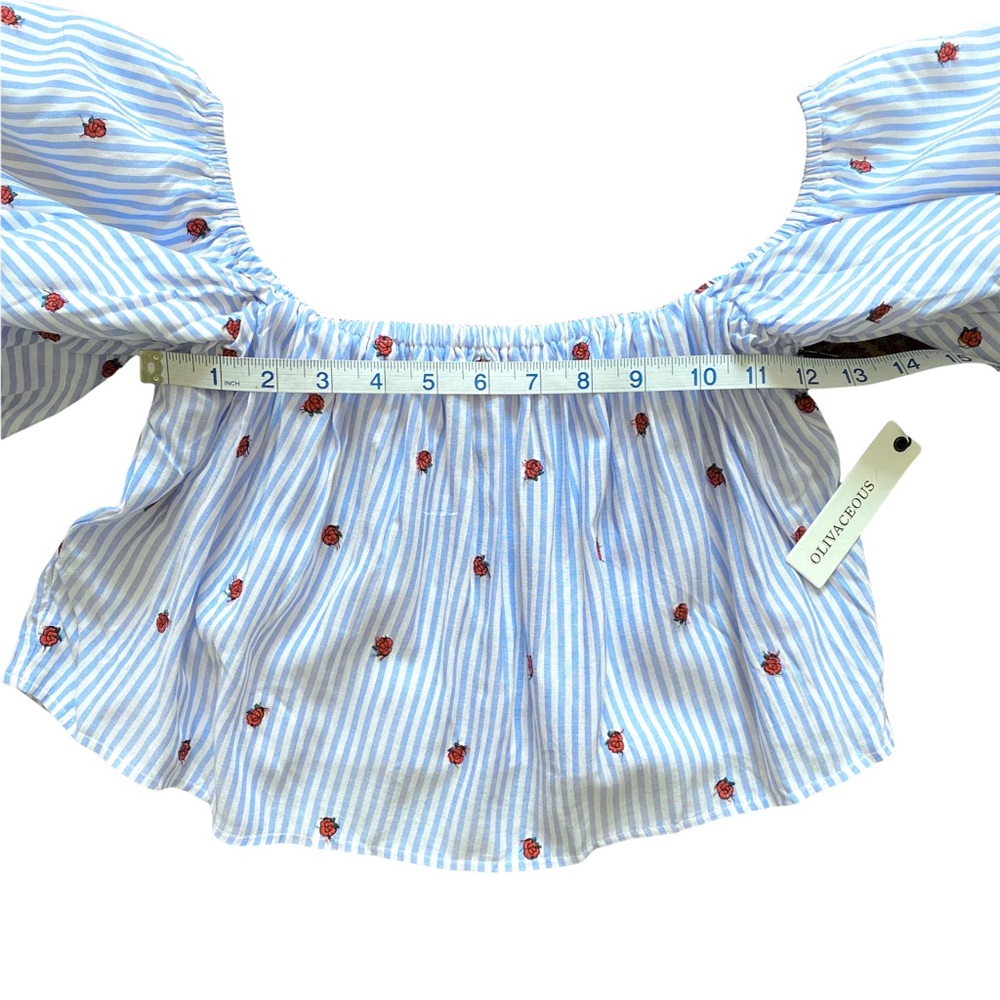 Olivaceous Crop Top BLOUSE Stripes Floral BLUE WHITE M - Picture 8 of 16